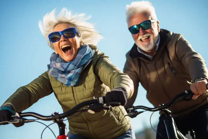 Ein Seniorenpaar, das mit seinen von der KI erzeugten Elektrofahrrädern Spaß hat