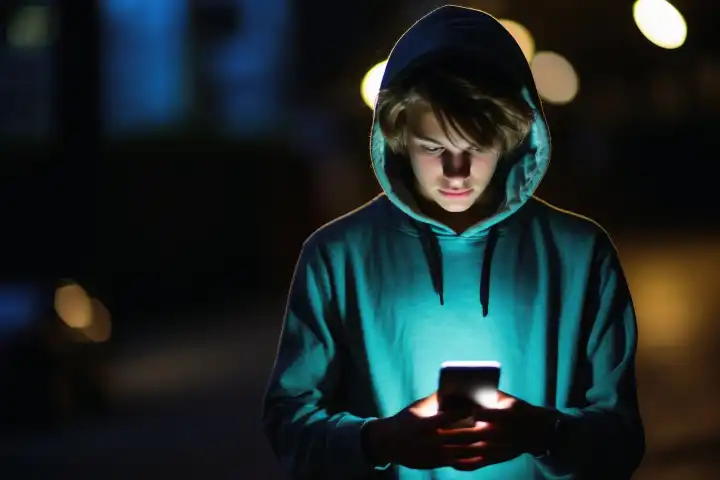 Ein glücklicher Teenager mit seinem Smartphone KI generiert