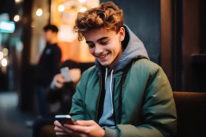 A happy teenage boy with his smartphone AI generated