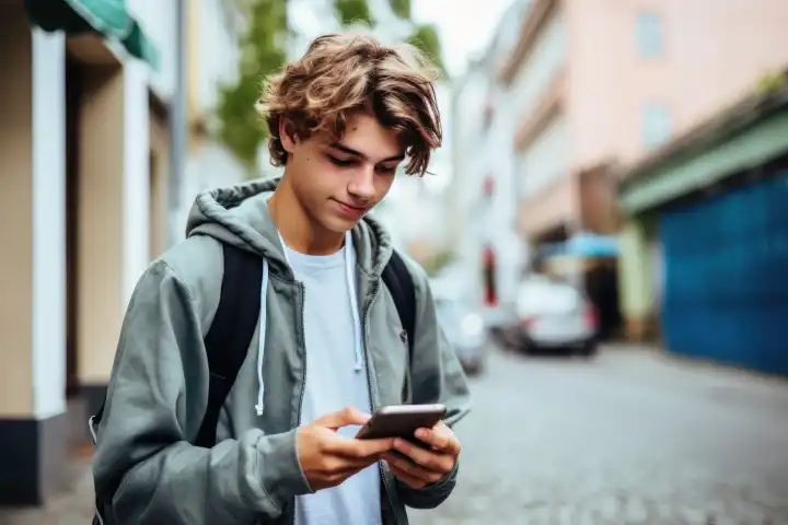 Ein glücklicher Teenager mit seinem Smartphone KI generiert