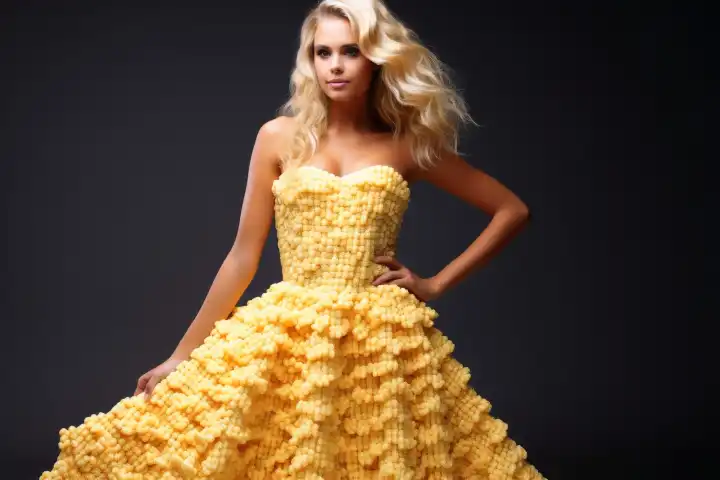 A woman wearing a dress made of popcorn AI generated