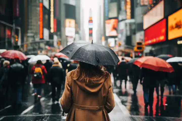 Eine Frau mit einem Regenschirm in einer geschäftigen Stadt an einem regnerischen Tag KI generiert