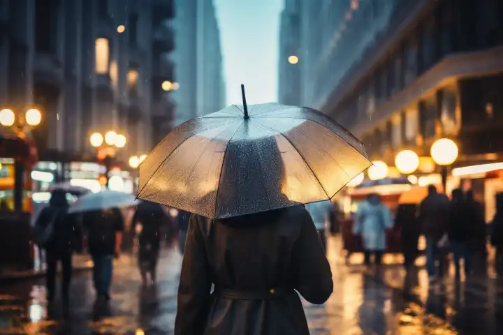 Eine Frau mit einem Regenschirm in einer geschäftigen Stadt an einem regnerischen Tag KI generiert