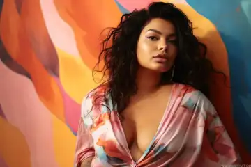 A female plus size model in front of a pastel colored background AI generated
