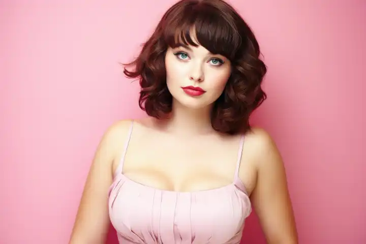A female plus size model in front of a pastel colored background AI generated