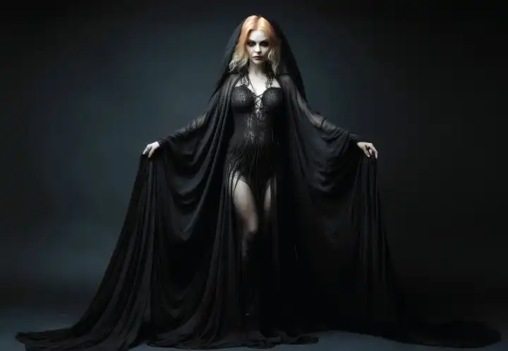 A gothic goddess woman wearing black clothes full body shot AI generated