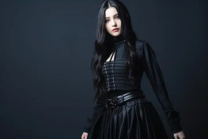 Eine Gothic Göttin Frau trägt schwarze Kleidung Vollkörper Shot KI generiert