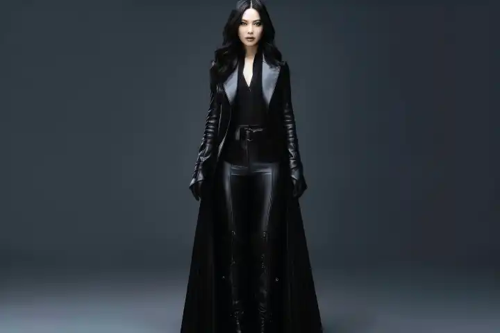 Eine Gothic Göttin Frau trägt schwarze Kleidung Vollkörper Shot KI generiert