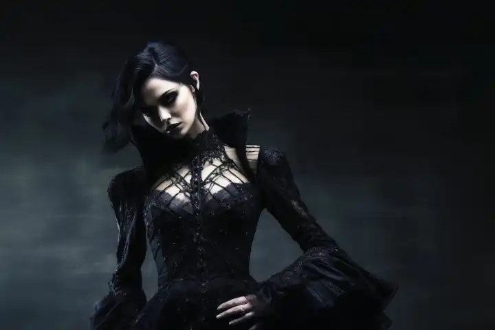A gothic goddess woman wearing black clothes full body shot AI generated