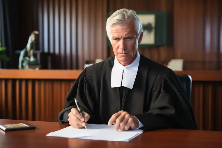 Ein Richter bei der Arbeit an seinem Schreibtisch KI generiert