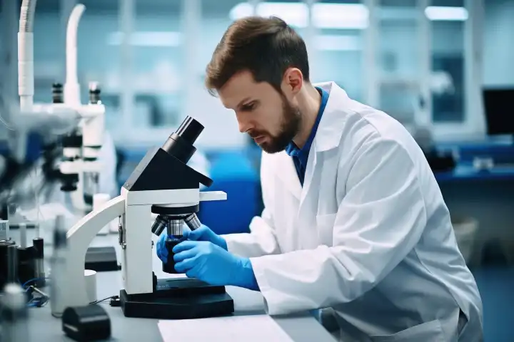 Ein Wissenschaftler arbeitet mit einem Mikroskop in einem Labor KI generiert