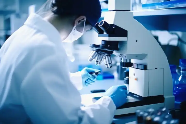 Ein Wissenschaftler arbeitet mit einem Mikroskop in einem Labor KI generiert