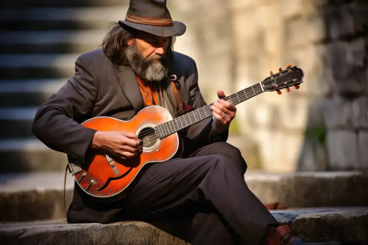 Ein Straßenmusiker, der ein Lied auf der Straße spielt, die KI generiert hat