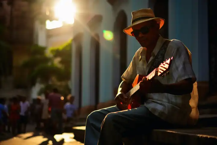 Ein Straßenmusiker, der ein Lied auf der Straße spielt, die KI generiert hat
