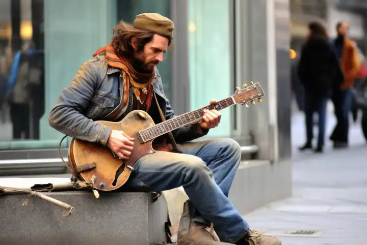 A street musician playing a song on the road AI generated