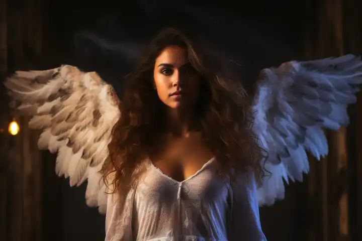A woman with angel wings and cinematic light AI generated