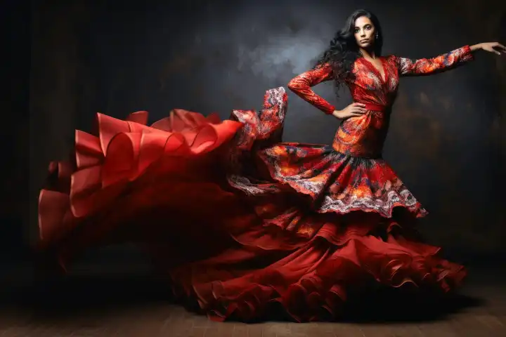 Ein attraktiver Flamenco-Tänzer in einem aufwändigen Kleid KI generiert