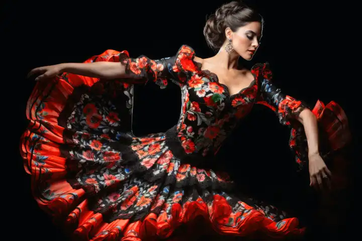 An attractive flamenco dancer in an elaborate dress AI generated