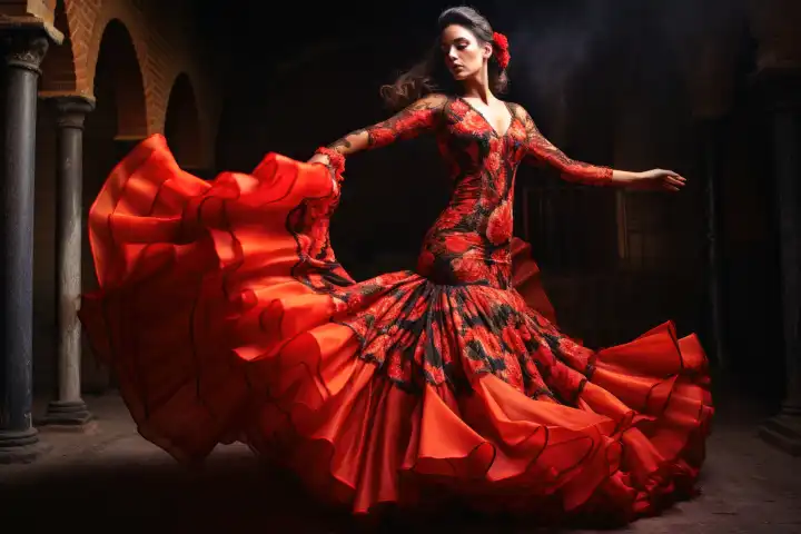 Ein attraktiver Flamenco-Tänzer in einem aufwändigen Kleid KI generiert