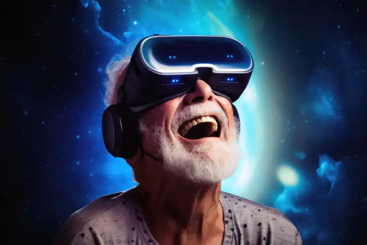 Glücklicher Opa im Cyberspace mit VR-Brille KI generiert