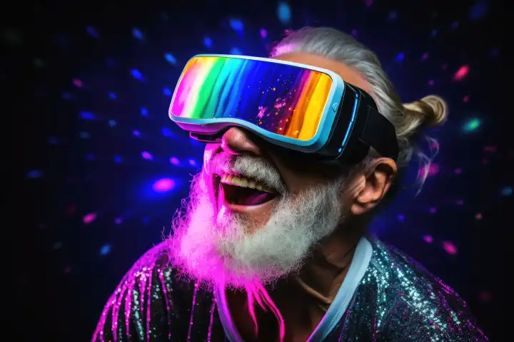 Happy grandpa in cyberspace wearing vr glasses AI generated
