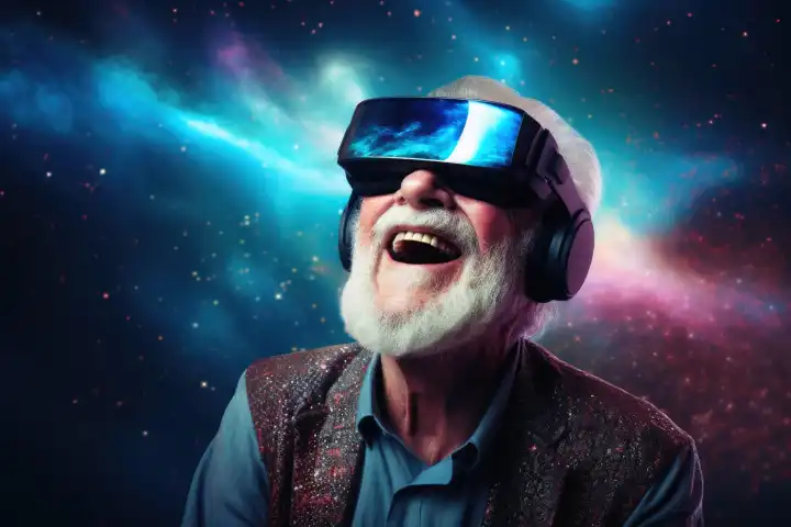 Happy grandpa in cyberspace wearing vr glasses AI generated