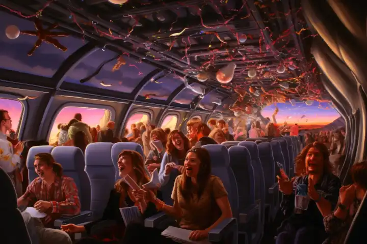 Interior of a scheduled flight with people having a party on the way to their holiday AI generated