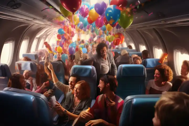 Interior of a scheduled flight with people having a party on the way to their holiday AI generated
