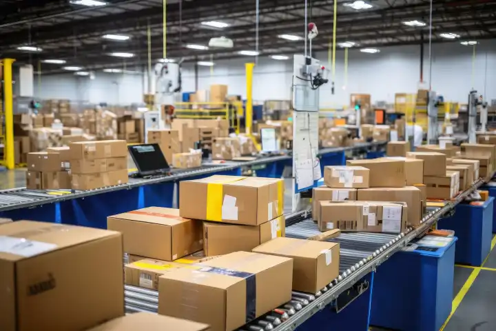 Many packages on an assembly line in a logistics handling facility AI generated