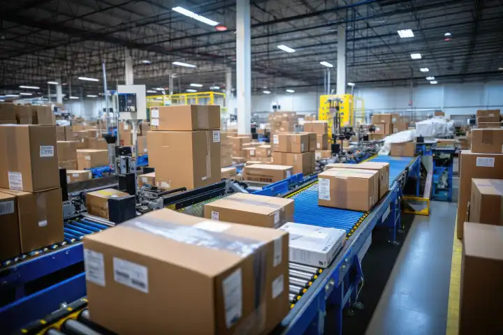 Many packages on an assembly line in a logistics handling facility AI generated