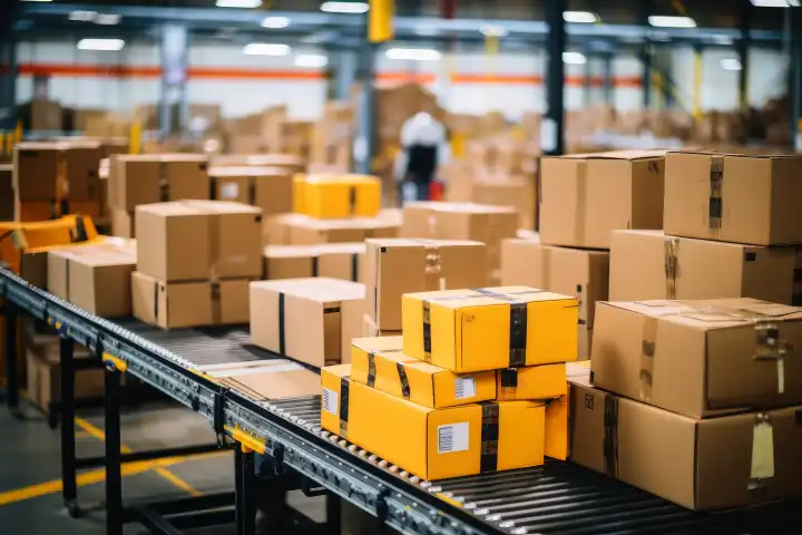 Viele Pakete auf einer Montagelinie in einer Logistikumschlagsanlage KI generiert