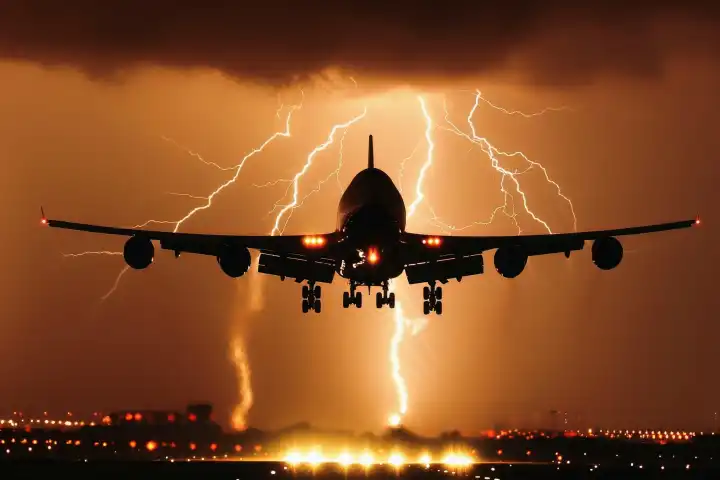Ein landendes Flugzeug, das von einem Blitz am Himmel getroffen wird, erzeugt AI
