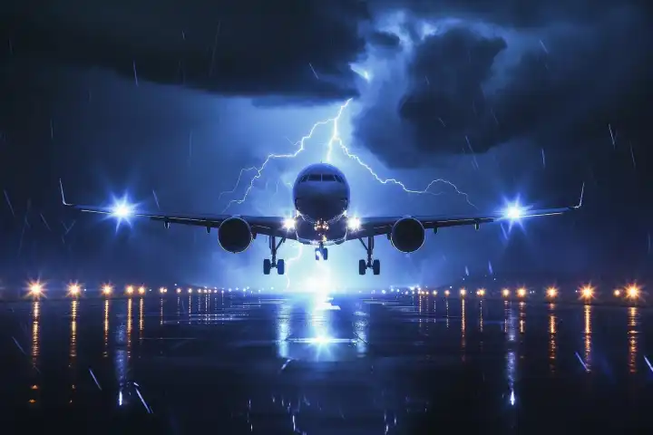 Ein landendes Flugzeug, das von einem Blitz am Himmel getroffen wird, erzeugt AI