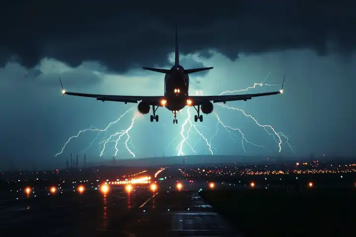 A landing Aircraft struck by a lightning in the sky AI generated