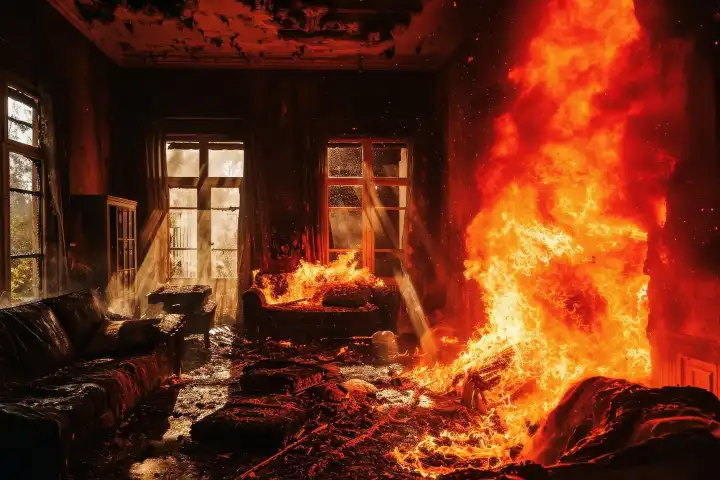 Ein großes Feuer in einem Wohnzimmer mit Flammen auf dem Dach erzeugt AI