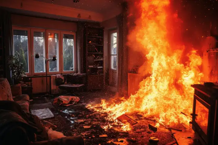 Ein großes Feuer in einem Wohnzimmer mit Flammen auf dem Dach erzeugt AI