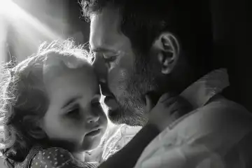 An emotional fathers day shot in black and white with a child in fathers arms AI generated