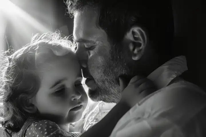 Eine emotionale Vatertagsaufnahme in Schwarz-Weiß mit einem Kind in den Armen des Vaters, generiert von AI