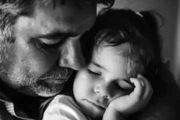 Eine emotionale Vatertagsaufnahme in Schwarz-Weiß mit einem Kind in den Armen des Vaters, generiert von AI