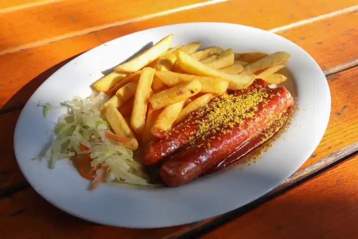 Traditionelle deutsche Currywurst, serviert mit Pommes auf einem weißen Teller. Oranger Holztisch als Hintergrund.