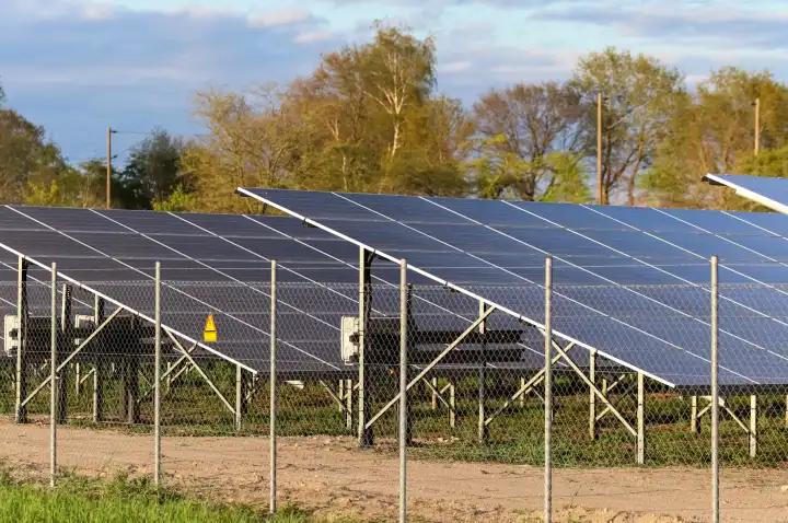 Erzeugung von sauberer Energie mit Solarmodulen in einem großen Park in Nordeuropa.
