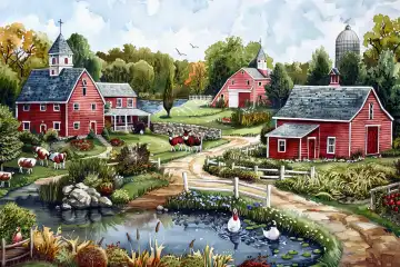 Watercolor close up of a farm with animals AI generated