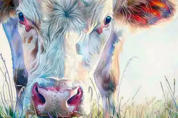 Watercolor close up of a grazing cow AI generated