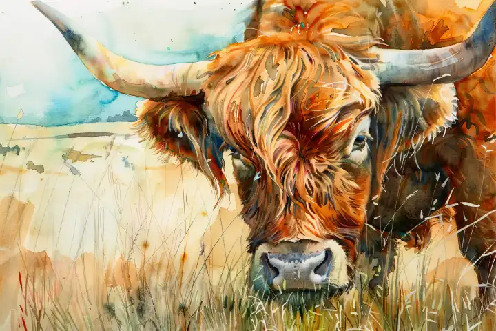 Watercolor close up of a grazing highland bull AI generated