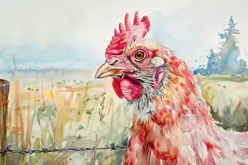 Aquarell Nahaufnahme von Huhn auf einem Bauernhof AI generiert