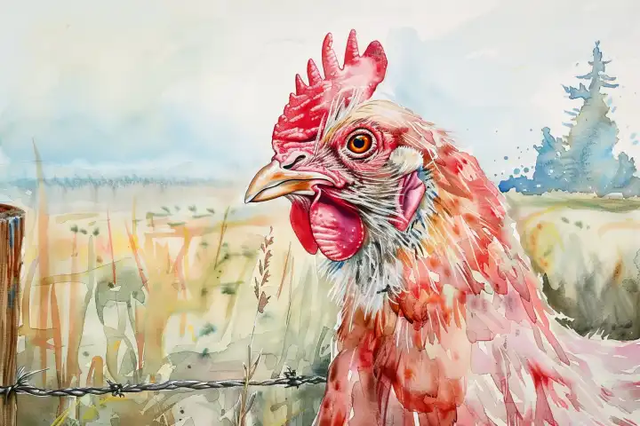 Watercolor close up of chicken on a farm AI generated