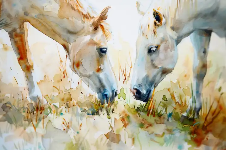 Watercolor close up of horses on a farm AI generated