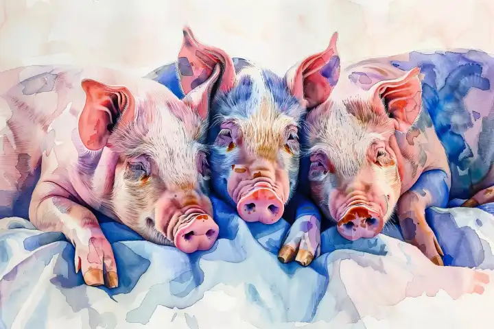 Watercolor close up of piglets on a farm AI generated