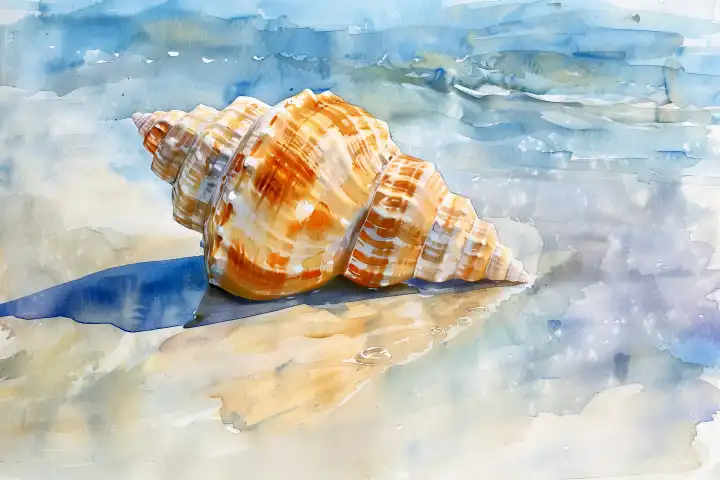 Watercolor of a beautiful shell at a beach AI generated