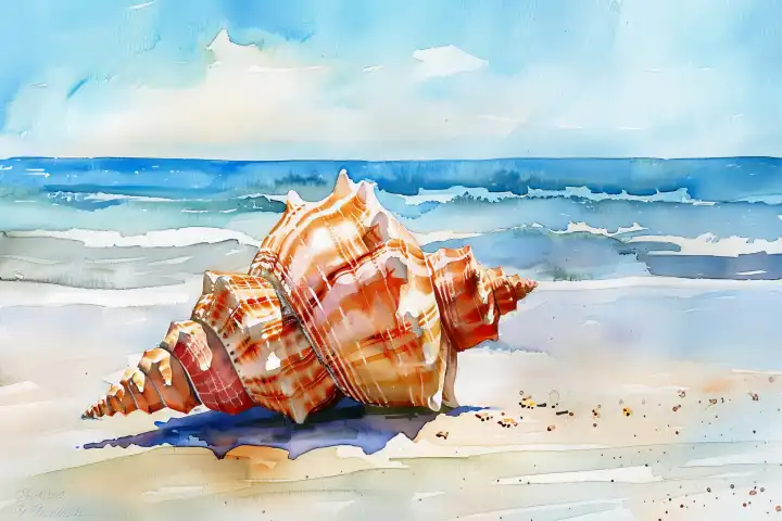 Watercolor of a beautiful shell at a beach AI generated